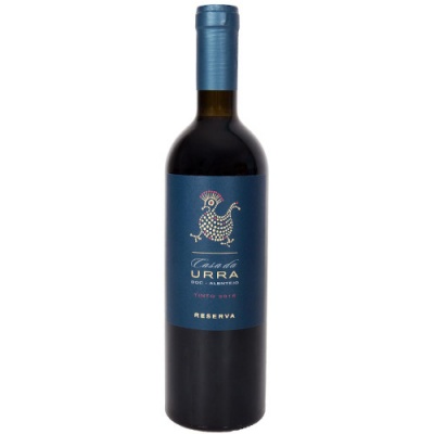 Garrafa de vinho tinto Casa da Urra com rótulo azul e pássaro em pontilhismo