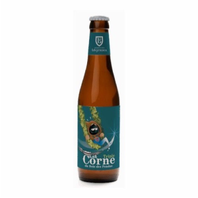 Garrafa de cerveja Triple Corne com rótulo verde azulado