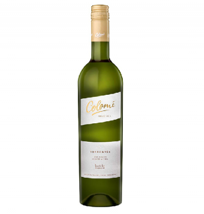 Garrafa de vinho branco Colomé Torrontés com rótulo branco