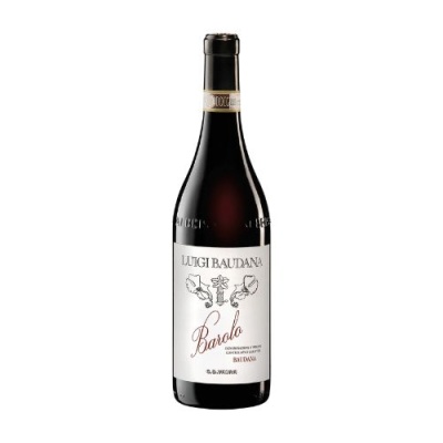 Garrafa de vinho tinto Luigi Baudana Barolo com rótulo branco e tampa preta