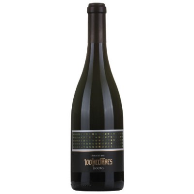 Garrafa de vinho tinto 100 Hectares DOC Douro com rótulo preto e dourado