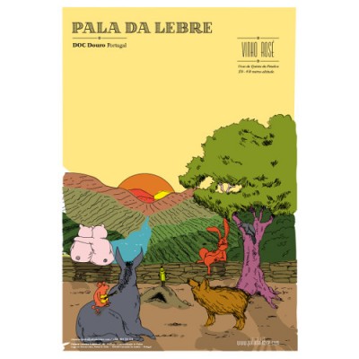 Cartaz ilustrado com animais e texto sobre vinho