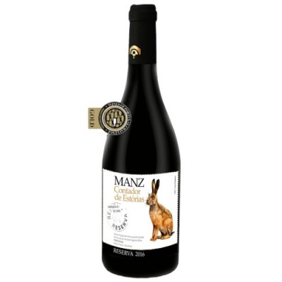 Garrafa de vinho tinto Manz Contador de Estórias Reserva 2016 com ilustração de coelho