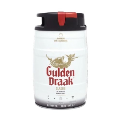 Mini barril de cerveja Gulden Draak Classic branco com tampa preta e vermelha