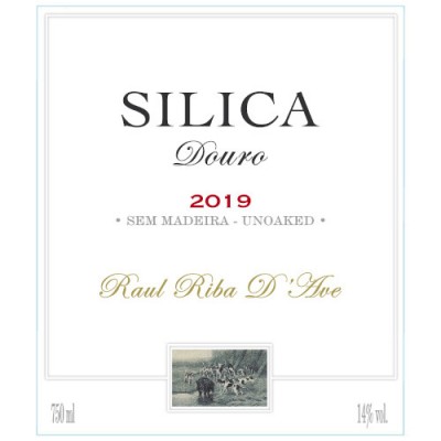 Rótulo de vinho branco Silva Douro 2019 com texto e imagem histórica