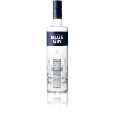 Garrafão de gin azul transparente com tampa azul escura e rótulo azul