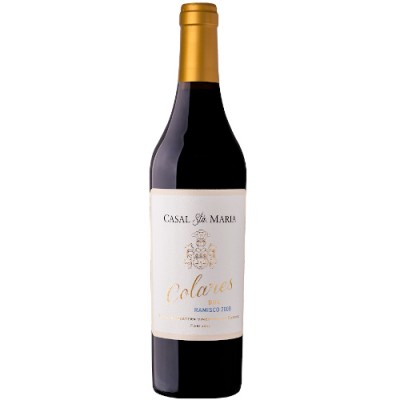 Garrafa de vinho tinto Casal Sta Maria Colours Ramisco 2018 com rótulo branco e tampa dourada
