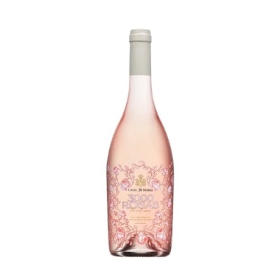 Garrafa de vinho rosé com rótulo decorativo e tampa branca