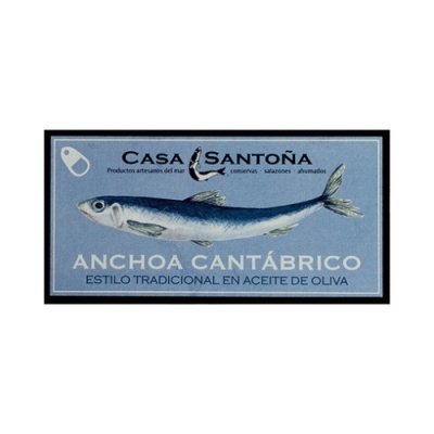 Etiqueta de conserva azul com imagem de peixe e texto CASA SANTOÑA Anchoa Cantábrico