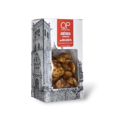 Embalagem de amêndoas caramelizadas com malagueta da QP Qualité Premium com ilustração de edifício