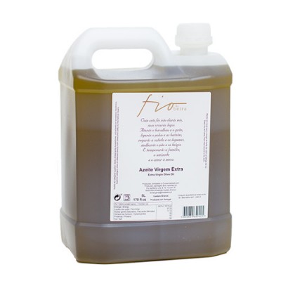 Recipiente de 5 litros de azeite virgem extra com rótulo branco e tampa branca