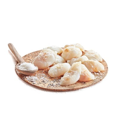 Mariscos crus numa base de cortiça com colher de sal grosso ao lado