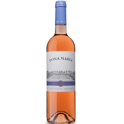Garrafa de vinho rosé DONA MARIA com rótulo branco e azul