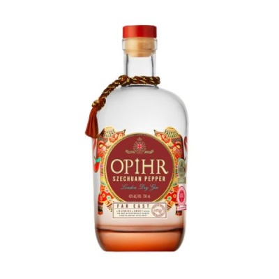 Garrafa de gin Opihr Szechuan Pepper com rótulo vermelho e detalhes coloridos
