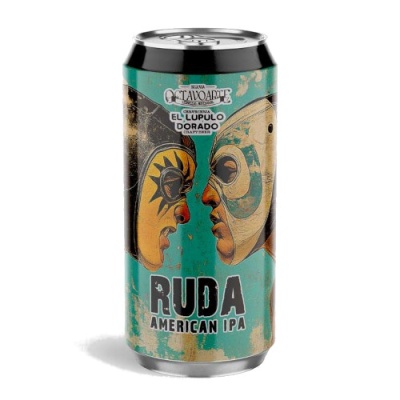 lata de cerveja verde e bege com duas faces mascaradas em perfil e texto RUDA AMERICAN IPA