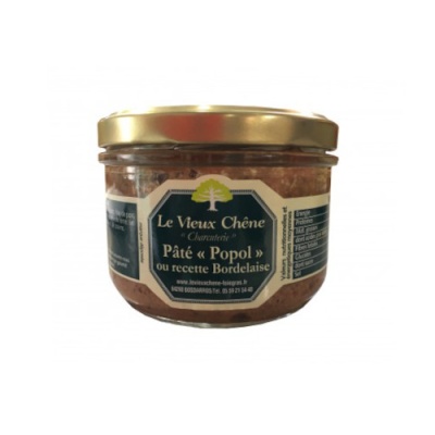 Frasco de vidro com paté e tampa dourada da marca Le Vieux Chêne