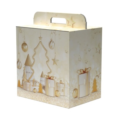 Caixa de embalagem creme com desenhos dourados de Natal e alça