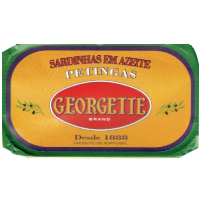 Lata de sardinhas em azeite GEORGETTE, fundo amarelo com bordas verdes