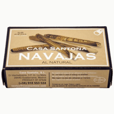 Caixa bege e castanha de navalhas Casa Santoña com texto e contacto
