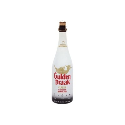 Garrafa branca fosca de cerveja Gulden Draak Classic com rótulo dourado e vermelho