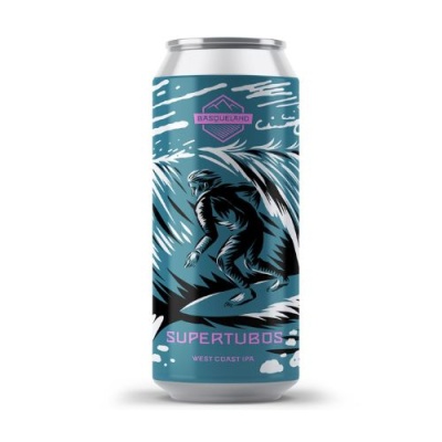 Lata de cerveja Basqueland Supertubos com ilustração de surfista em ondas azuis
