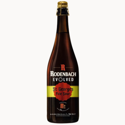 Garrafa de cerveja Rodenbach Evolved St Georges Pale Sour em vidro castanho com tampa dourada