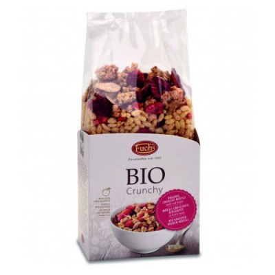 Pacote de muesli BIO crocante com frutas secas e cereais visíveis