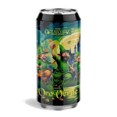 Lata de cerveja Octávio Arte Oro Verde com ilustração de duendes verdes