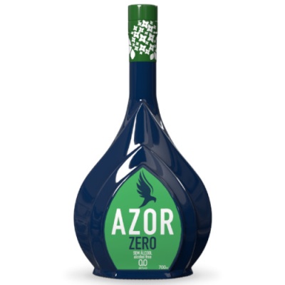 Garrafa azul escuro AZOR ZERO sem álcool com etiqueta verde