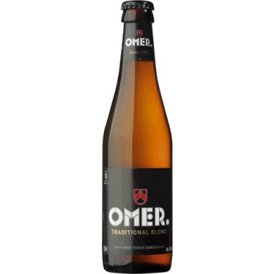 Frasco de cerveja OMER. Traditional Blond, vidro castanho e rótulo preto.