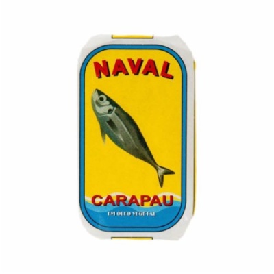 Lata de conserva NAVAL com peixe e texto CARAPAU