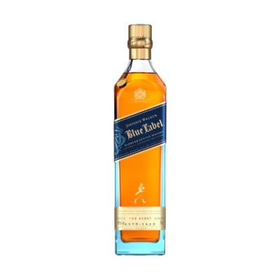 Garrafa de whisky Johnnie Walker Blue Label com rótulo azul e dourado