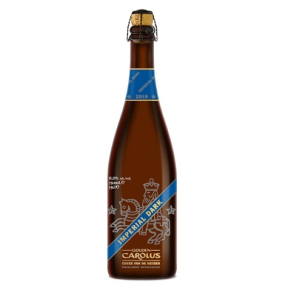 Garrafa de cerveja Carolus Imperial Dark de vidro castanho com rótulo azul e dourado
