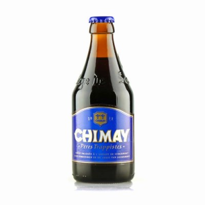 Garrafa de cerveja Chimay com rótulo azul