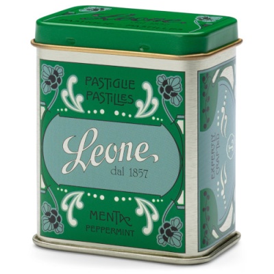 Lata metálica vintage de pastilhas de menta Leone verde e azul
