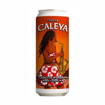 Lata de cerveja Caleya Garota Ipanema com ilustração de mulher a tocar saxofone