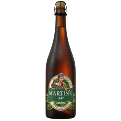 Garrafa de cerveja MARTIN'S IPA de vidro castanho com rótulo verde e branco