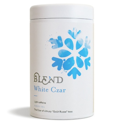 Lata branca de chá White Czar com floco de neve azul