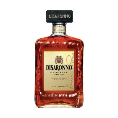 Garrafa de licor Disaronno Originale com rótulo creme e tampa preta