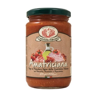 Frasco de molho Amatriciana com rótulo ilustrativo e texto italiano