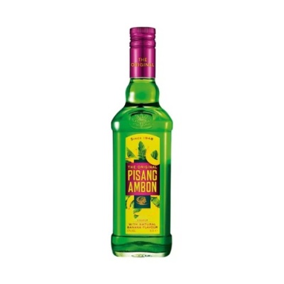 Garrafão verde de vidro de licor Pisang Ambon com rótulo amarelo