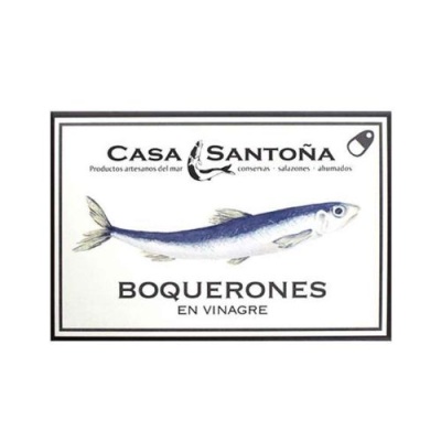Rótulo branco de conserva de boquerones em vinagre com imagem de peixe azul e branco