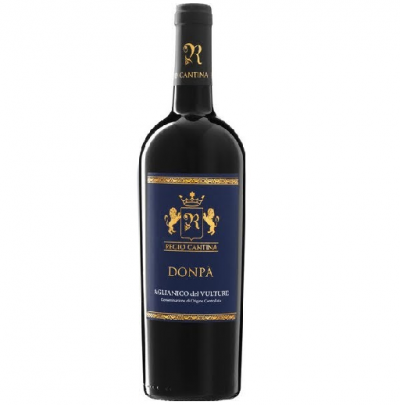 Garrafa de vinho Donpa Aglianico del Vulture com rótulo azul e dourado