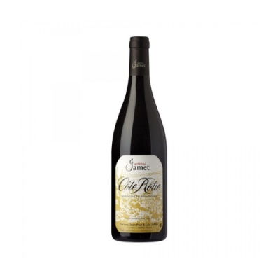 Garrafa de vinho tinto Domaine Jamet Côte Rôtie com rótulo branco e dourado