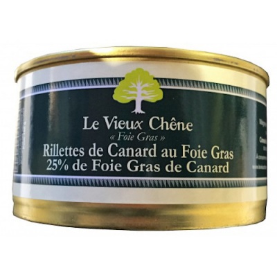 Lata de rillettes de canard ao foie gras com rótulo verde escuro e texto branco