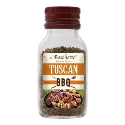 Frasco de tempero seco TUSCAN BBQ com tampa vermelha e rótulo colorido