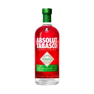 Garrafa de vodka Absolut Tabasco com rótulo branco e verde e tampa verde.