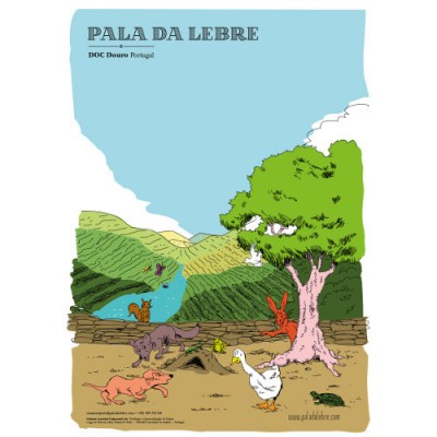 Ilustração de animais de campo com texto PALA DA LEBRE DOC Douro Portugal