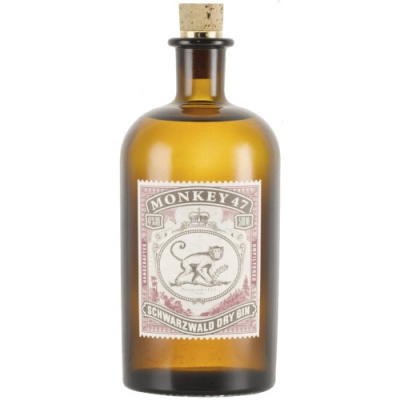 garrafa de gin Monkey 47 castanha com rótulo e tampa de cortiça