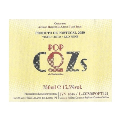 Rótulo de vinho tinto POP COZs de Portugal 2020, 750 ml, 13,5% vol, contém sulfitos.